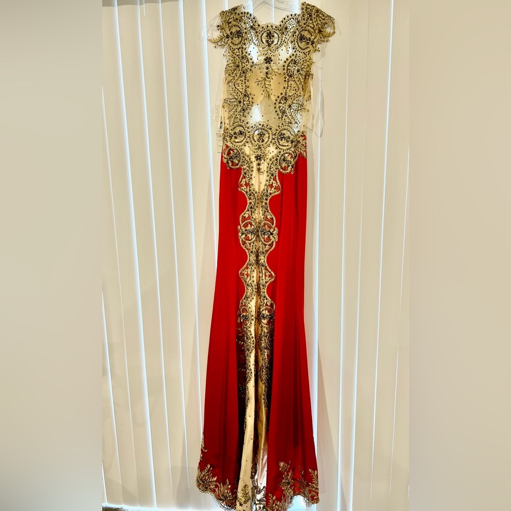 Stunning Red Gown with Nude beaded Top and Train.